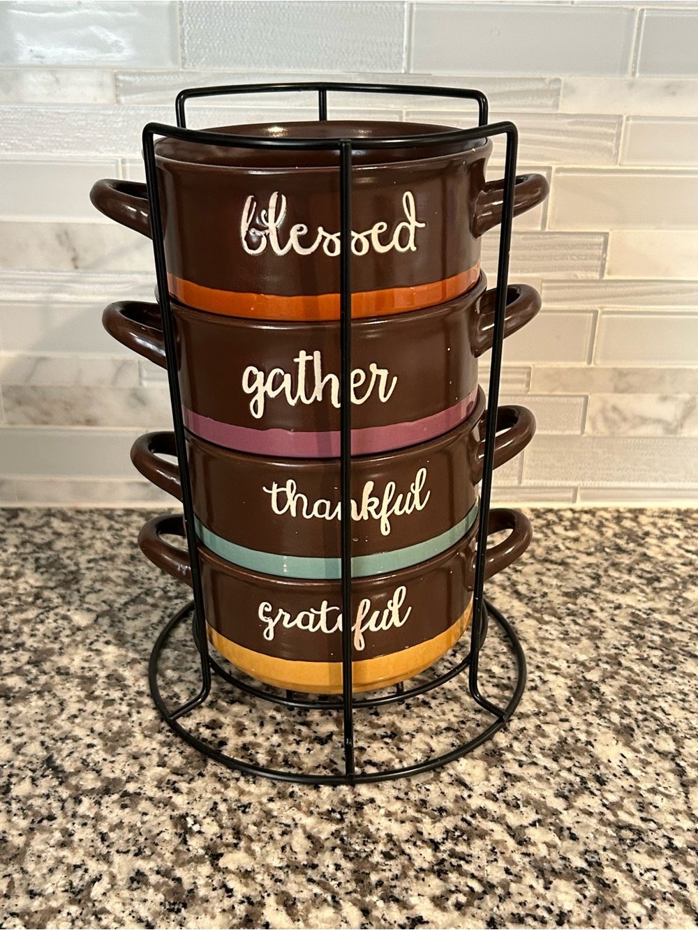 Stackable Brown Stoneware Serving Bowls with Gratitude Words - Set of 4